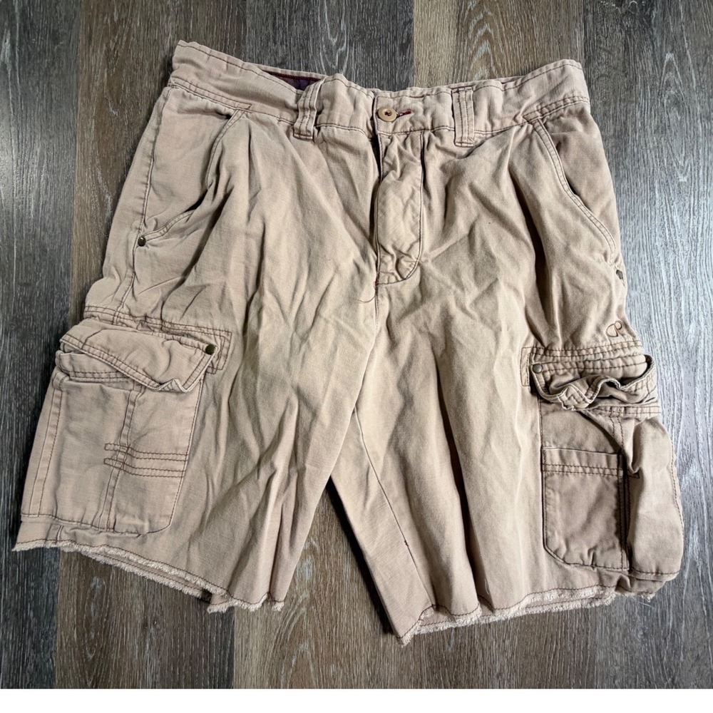 Op Cargo Shorts Mens 34 Tan Khaki Frayed Hem Cotton Utility Summer Casual